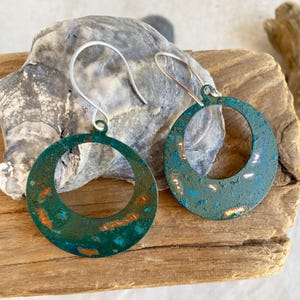 Extra Large Hoop Copper Patina earrings, Blue Green patina jewelry, Rustic Ocean Beach Patinated Boho Dangle, Patinaed Primitive Handmade