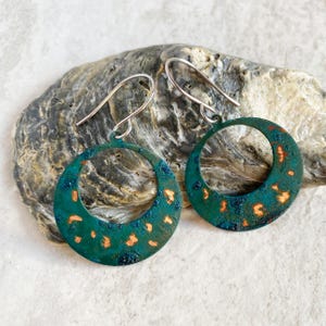 Large Hoop Copper Patina earrings, Blue Green patina jewelry, Rustic Ocean Beach Patinated Boho Round Dangle, Patinaed Primitive Handmade