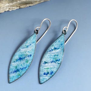 Blue Enameled copper pointed oval wave earrings artisan enamel USA