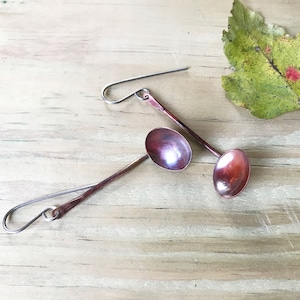Copper Ladle Earrings, Rustic Handcrafted &quot;Kuuppa&quot; Round Spoon Dangle Earring, Sauna Nordic Design Finnish Jewelry Artisan Handmade