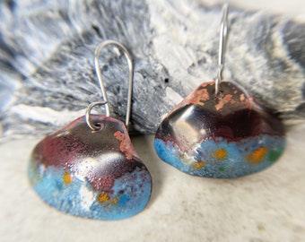 Copper patina Enamel earrings, Blue torch fired rustic Clam Shell Enameled earrings, handmade, Handforged, Copper Primitive jewelry