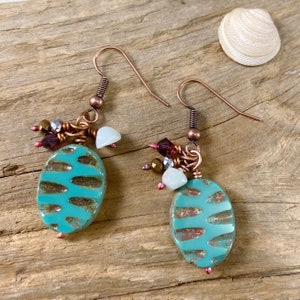 Green Artisan Glass Bead Earrings Swarovski Crystal Dangle Czech Art Glass Wave cut Picasso glass Boho Jewelry