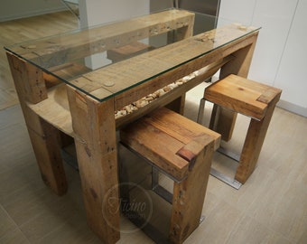 Rustic Kitchen Island. Reclaimed Wood Kitchen Table. Barn Wood Dining Table. Glass Top Dining Table. Modern Rustic Breakfast Table.