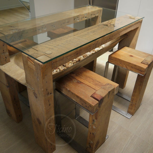 Rustic Kitchen Island. Reclaimed Wood Kitchen Table. Barn Wood Dining Table. Glass Top Dining Table. Modern Rustic Breakfast Table.