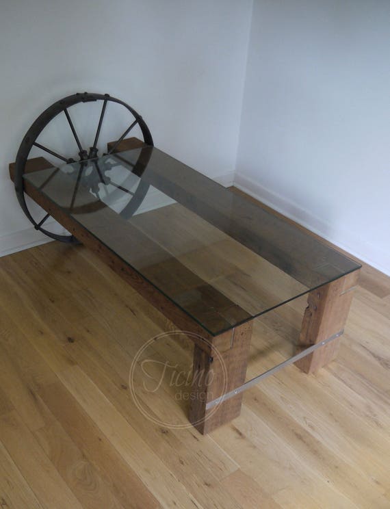 Table Reclaimed Wood, Glass Rustic Coffee Table With Wheels