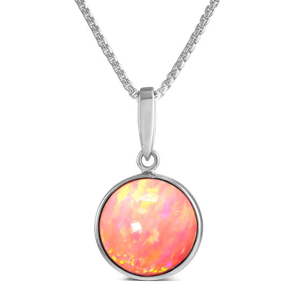 Pink Opal Pendant Necklace, Round Vibrant Coral Pink Opal, set in 925 Sterling Silver, fastening at 16" and 18" - Ref AEP037-24