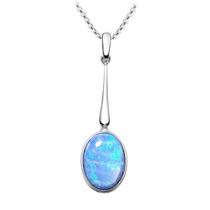 Long Blue Opal Pendant Necklace, Oval Cabochon Opal, set in 925 Sterling Silver, fastens at 16 and 18. Ref: AEP5002 image 2