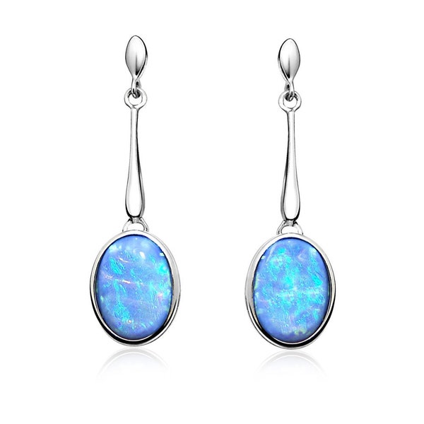 Blue Opal Drop Earrings, Sterling Silver with Vibrant Oval Opals AE-E5002