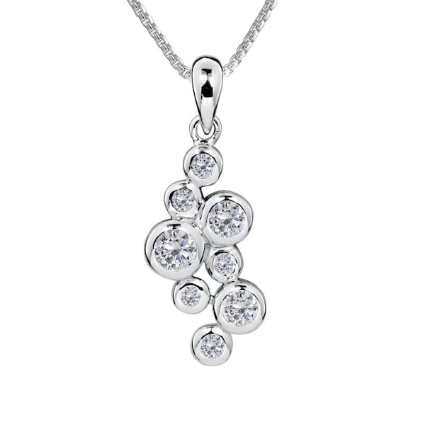 Bubble Pendant Necklace set with Cascading CZ Diamonds in 925 Silver, Adjustable Chain Fastening at 16" and 18". Ref: AEP038