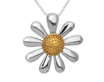 Silver Daisy Necklace, in 925 Silver with 18ct Gold Plated Centre, Small 20mm Size, fastening at 16" and 18" - Ref AE-P002