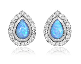 Opal Earrings, Teardrop Shaped Created Blue Opals with CZ Surrounds, set in 925 Sterling Silver. Ref: AEE5015