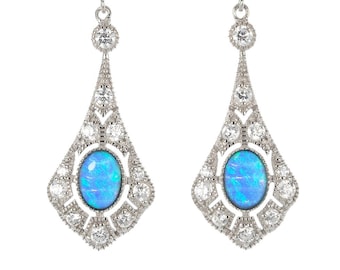 Vibrant Blue Opal and CZ Diamond Drop Earrings based on an Antique Victorian Design. Ref AE-E029