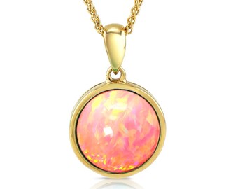 Pink Opal Pendant, 10K Gold Necklace with Vibrant Cultured Opal, 10mm Round Cabochon, fastening at 16" and 18" - Ref: AE-GP001-24