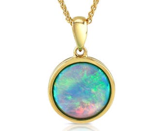 Opal Pendant, 9ct Gold Necklace with Vibrant Cultured Opal, 10mm Round Cabochon, fastens at 16" and 18".  Ref: AE-GP001