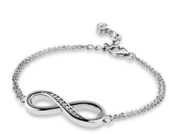 Infinity Bracelet Made in 925 Sterling Silver with CZ Diamonds, on a Double Chain, Adjustable Length. Ref AE-B009