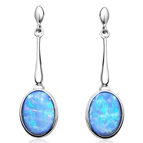 Blue Opal Drop Earrings Sterling Silver With Vibrant Oval Etsy UK