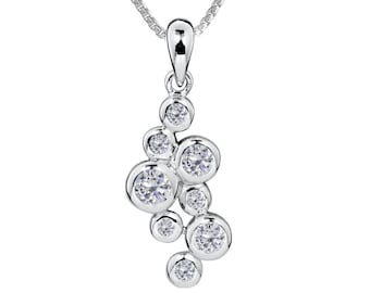 Bubble Pendant Necklace set with Cascading CZ Diamonds in 925 Silver, Adjustable Chain Fastening at 16" and 18". Ref: AEP038