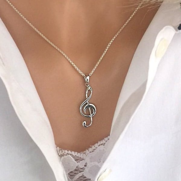 Treble Clef Pendant Necklace, in 925 Sterling Silver, ideal for Music Lovers, Fastens at 16" and 18" - Ref: AEP035