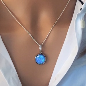 Blue Opal Pendant Necklace, Round Cabochon Opal, set in 925 Sterling Silver, fastens at 16" and 18". Ref: AEP021OP