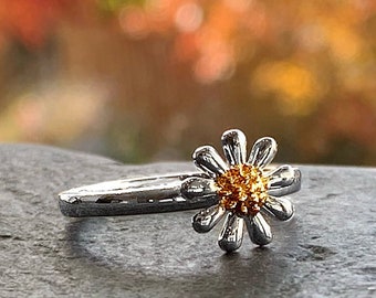 Silver Daisy Ring with gold plated centre (custom sizes) - Ref: AER001