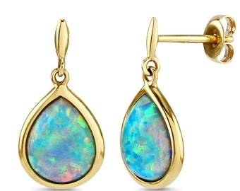 Opal Earrings, 9ct Gold with Vibrant Cultured Opals, Teardrop Shape 10x8mm - Ref: AEGE003