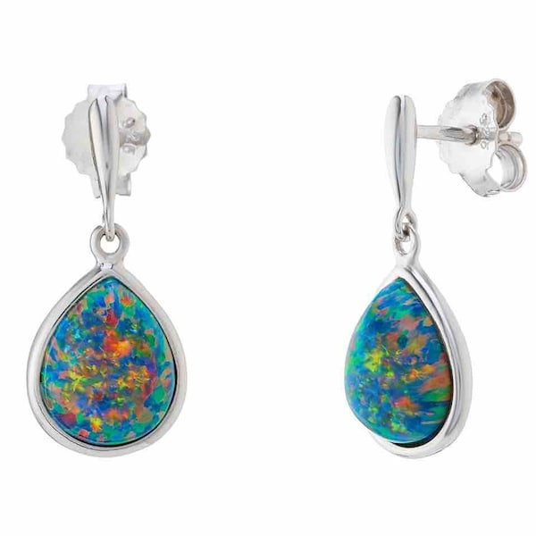 Black Opal Earrings in 925 Silver, Vibrant Rainbow of Colours, Teardrop Shape Created Opals 10x8mm