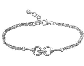 Bracciale con filetto in argento 925 con diamanti CZ, su catena doppia, dalla nostra collezione di gioielli equestri. Rif. AE-B5003