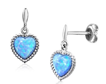 Blue Opal Heart Earrings, Handmade in 925 Silver and set with AAA Grade Vibrant Created Opals. Ref AEE5006