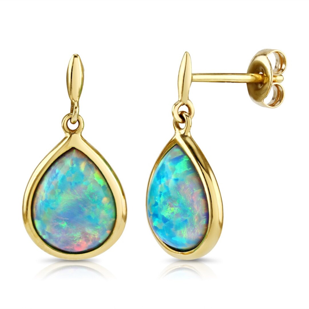 Opal Earrings 9ct Gold With Vibrant Cultured Opals Teardrop Etsy UK