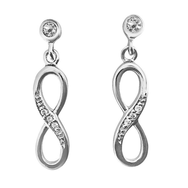 Infinity Earrings made in 925 Sterling Silver and set with with CZ Diamonds. Ref: AEE030