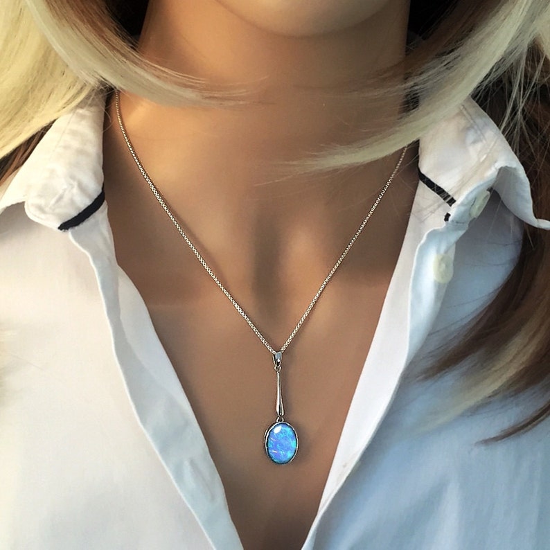 Long Blue Opal Pendant Necklace, Oval Cabochon Opal, set in 925 Sterling Silver, fastens at 16 and 18. Ref: AEP5002 image 1