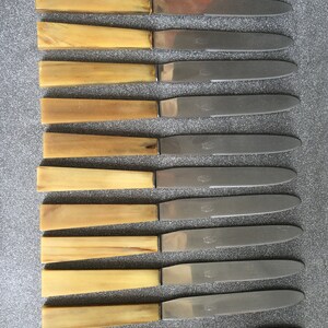 Peut inclure: Ensemble de couteaux à beurre avec des manches brun clair et des lames argentées. Les manches sont légèrement inclinés et les lames sont lisses et arrondies. Les couteaux sont disposés en rangées parallèles sur une surface grise.