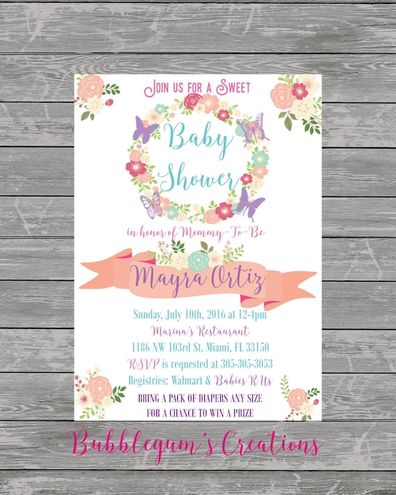 pink and purple Butterfly & Floral Baby Shower Invitation printable flowers