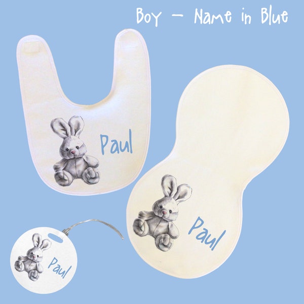 Bunny Baby Bib, Burp Cloth and Diaper Bag Tag - For Girls and Boys, Buy the Set or Purchase Separately