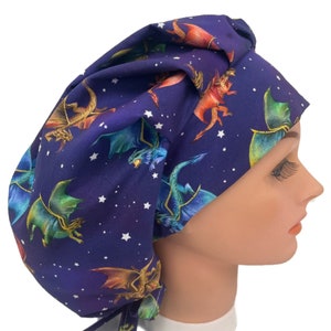 Surgical Medical Cap Dragon Scrub Hat Mystical with Style, Bow & Satin Lined Choices  LAST ONE