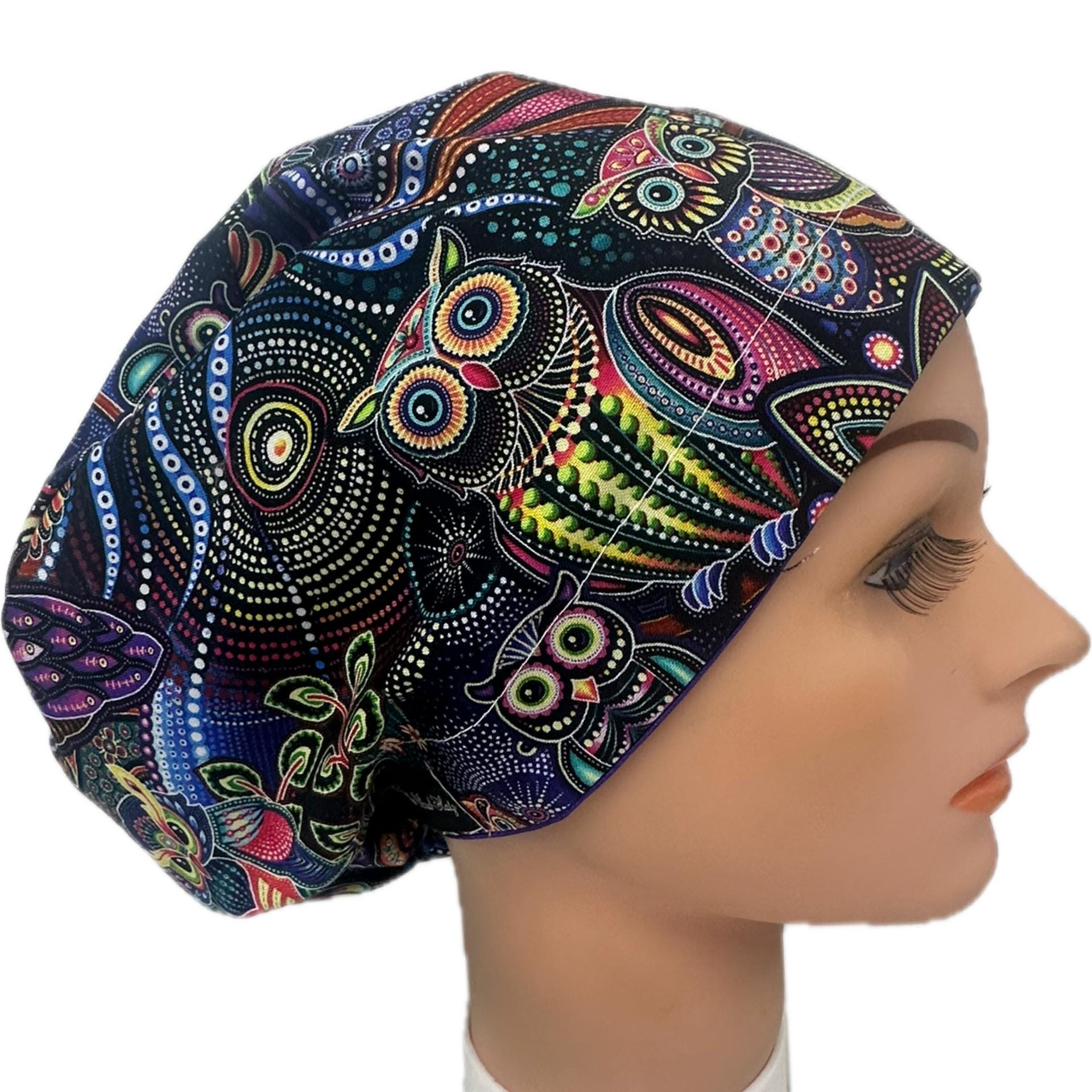 Owls Surgical Scrub Cap: Euro Boho Bouffant Style
