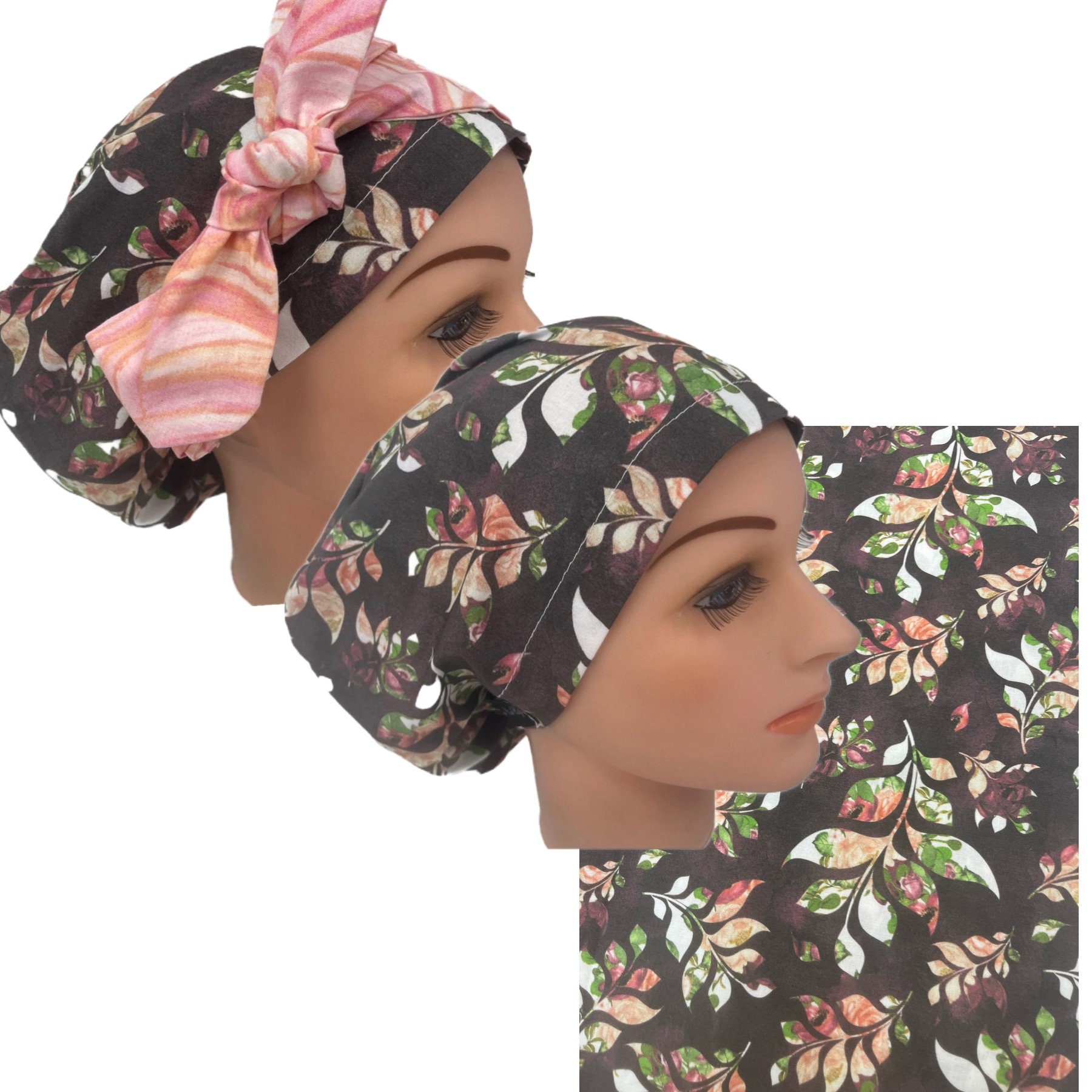 Pretty Surgical Cap Medical Scrub Hat Feminine Pastel Leaf Dark Contrast