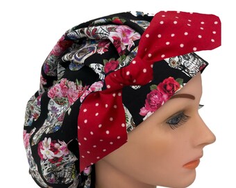 Sugar Skulls Scrub Cap/Surgical Medical Hat/Bouffant/Floral Crowns/Black Pink Purple