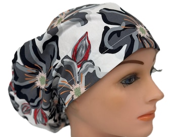 Bold Surgical Scrub/Hat Medical/Euro Floral Cap/Black Red & Gray