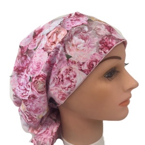 Scrub Medical Cap Surgical Hat in Feminine Soft Pink Roses with Satin Lined Option for Lots of Hair