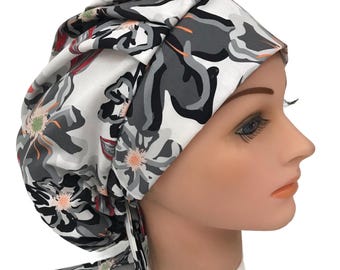 Bouffant Medical Scrub Cap Surgical Hat Bold Floral Gray Black Red