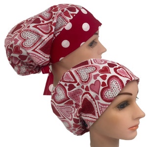 Scrub Surgical Hat Medical Cap In Pink and Red Hearts with More Styles, Bow & Satin Lining Options