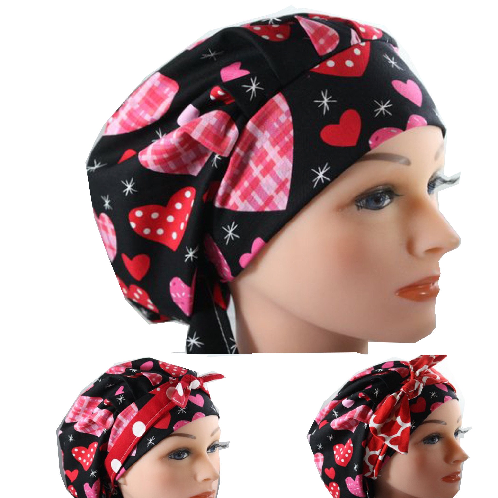 Red /& Pink Valentine Hearts 100/% Cotton Bouffant Style Scrub Hat//Cap Medical USA
