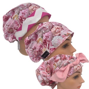 Scrub Surgical Hat Pretty Feminine Roses in Pinks Medical Cap with Style, Bow, & Satin Lined Options