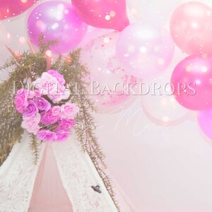 Digital backdrop background newborn baby girl flower pink fairy tail Balloons Sparkles Birthday Sitter Super Cute