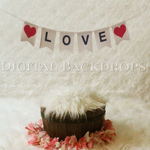 Valentine&#39;s Day Digital Backdrop Creamy Soft LOVE Background for Newborn composite photography white fluff bucket