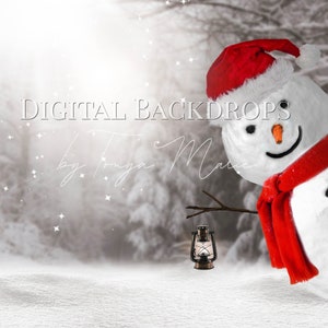 以下が含まれることがあります： 赤い帽子とマフラーをつけた雪だるまが、雪の降る森の中に立っています。雪だるまの前に提灯があります。背景はぼやけていて、白く雪景色になっています。