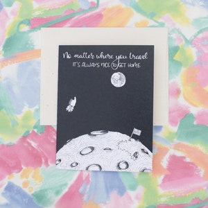 A2 Greeting Card - Moon and US Flag with Command Module - Blank Inside - Eco-Friendly Recycled Paper - Neil Armstrong Quote