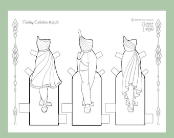 May include: Black and white line art of three fantasy-themed paper doll outfits. The outfits include a dress with a ruffled hem, a one-shoulder top with pants, and a flowing gown. The text "Fantasy Collection #3015" is visible.