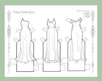 May include: Line art illustration of three elegant gowns from the "Fantasy Collection #3013." Each dress is a different design, with flowing skirts and unique bodice details. The image includes the text "2022 Victoria Chatman paper tailer designs."
